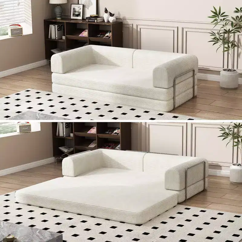 Convertible Sleeper Sofa Bed, 78 Boneless Couch with Fixed-Shape Frame, Corduroy Loveseat Floor Sofa, Folding Mattress Couch for Living Room