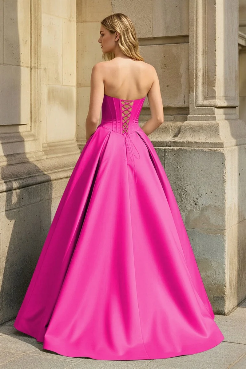 Pink Strapless A Line Pleated Satin Long Prom Dresses With Flower