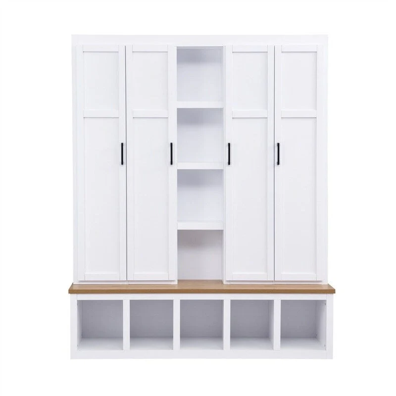 Farmhouse 4-in-1 Hall Tree with Open Display Shelves, Mudroom Shoe Bench with Open Compartments, Entryway Coat Rack with 6 Hooks