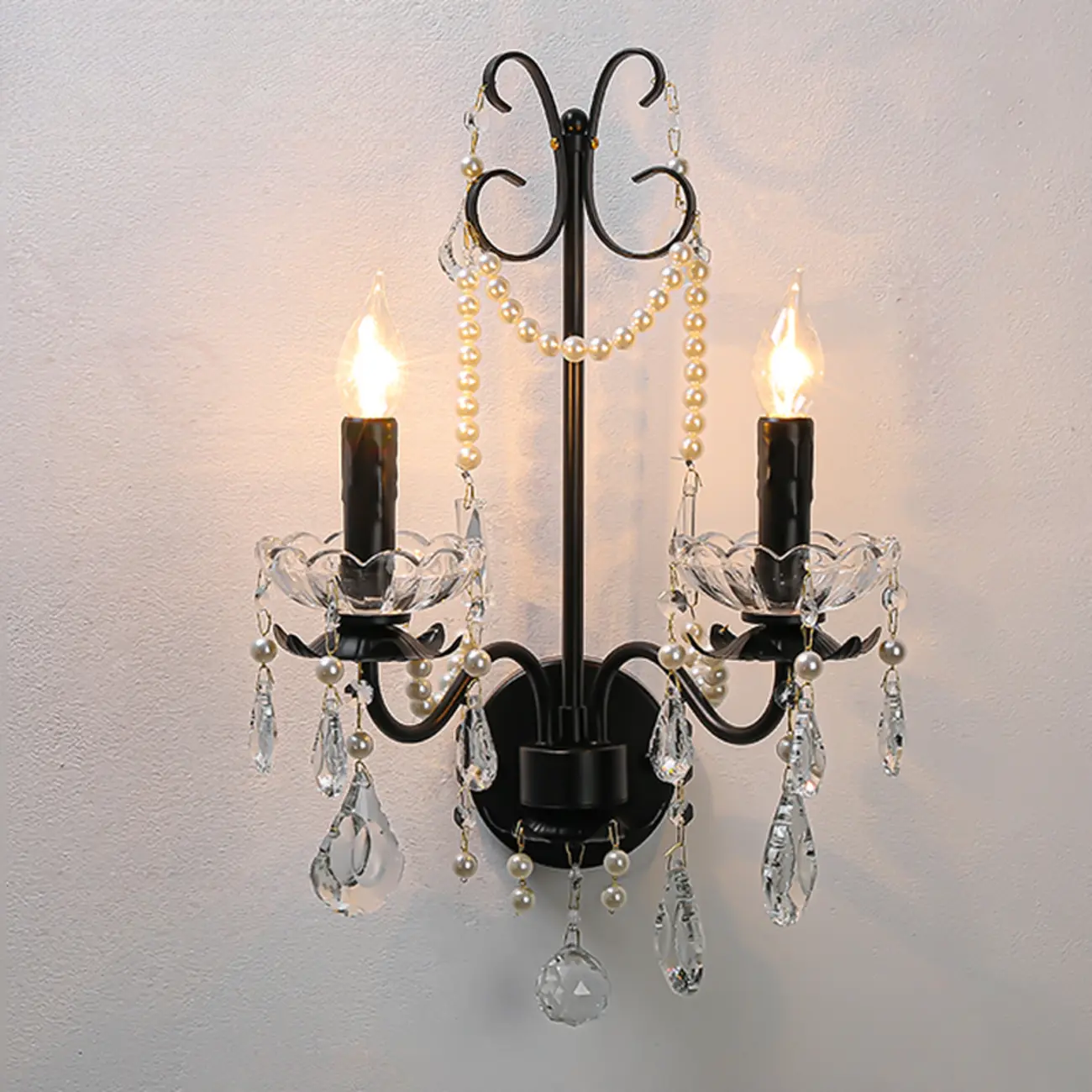 Black Modern 2-Light Candelabra Wall Sconce with Crystal