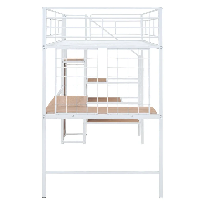 White Twin Metal Loft Bed with Desk & Storage, 1-Person
