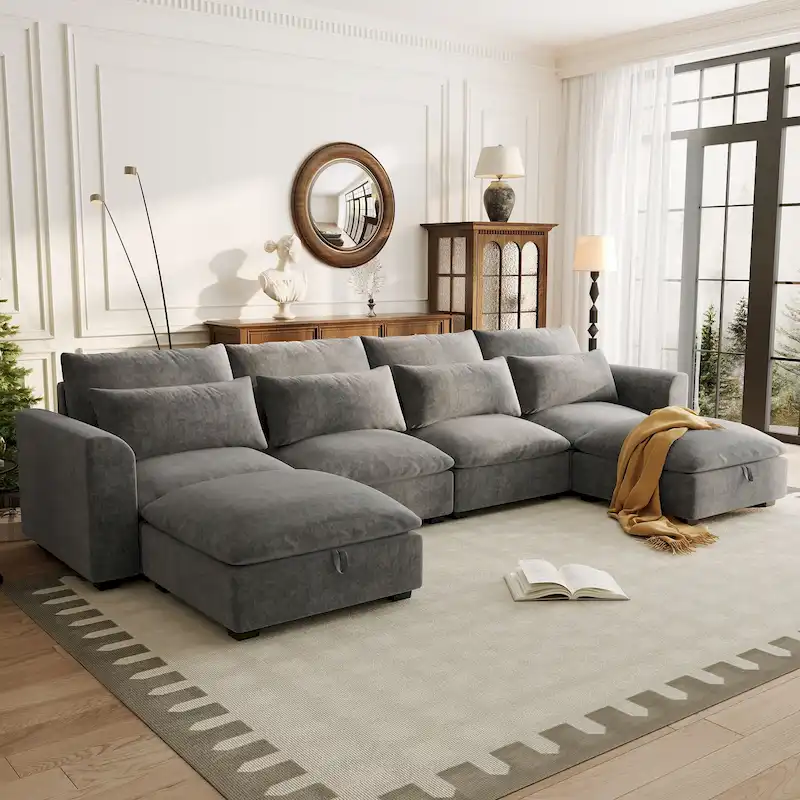 U-Shaped Modular Corner Sofa with Two Ottomans