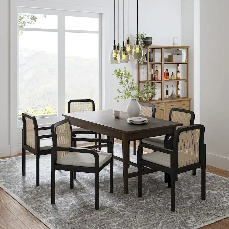 Modern Rattan Back Dining Chair with Removable Linen Cushion
