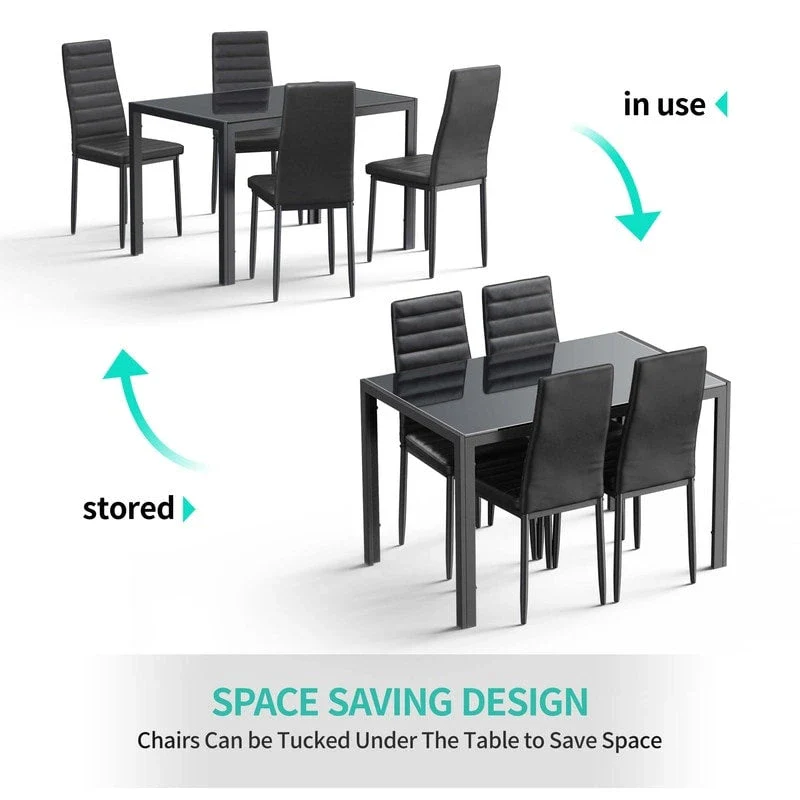 5 Pieces Glass Dining Table Set, 4 Person Modern Home Kitchen Chairs with High Back PU Leather Dining Chairs