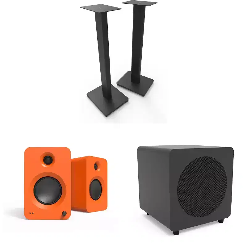 Kanto Ren Powered Speaker System - Orange, Kanto ST28 Speaker Stands - Black and Kanto powered sub - Black