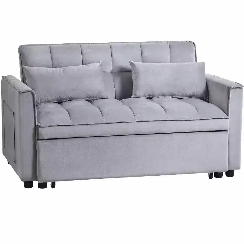 MAYEERTY Convertible Modern Pull Out Couch Sleeper Loveseat Velvet Bed Adjustable Backrest with Pillows Pockets for Living Room Gray