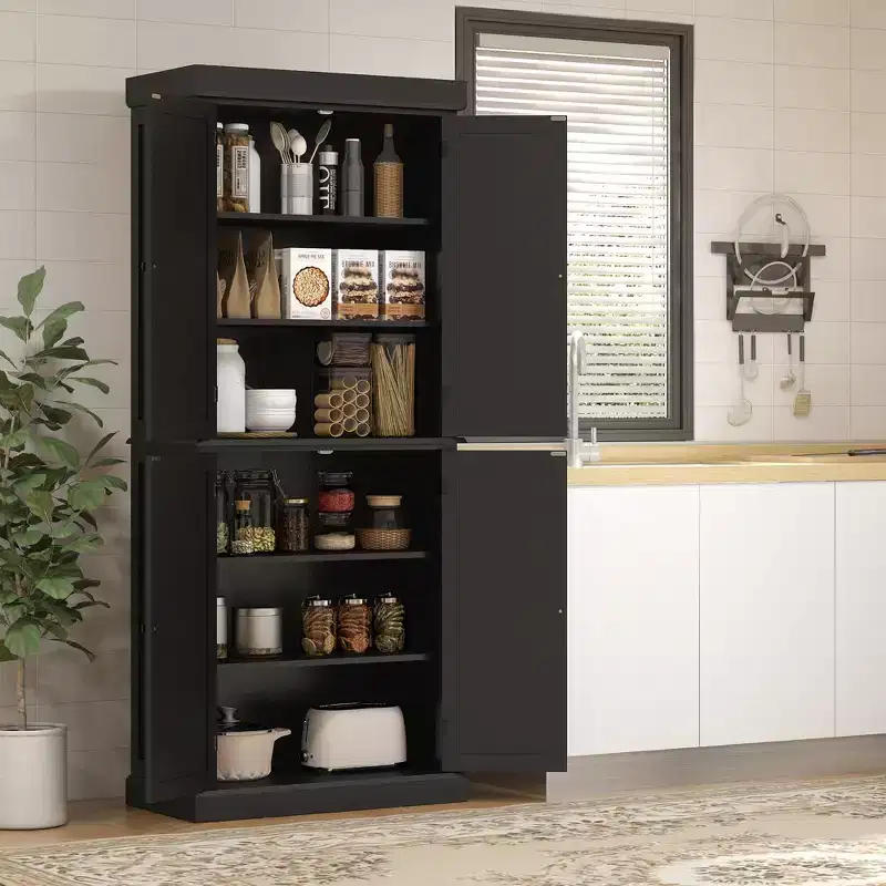 HOMCOM 72 Traditional Freestanding Kitchen Pantry Cupboard with 2 Cabinet, and Adjustable Shelves, Black