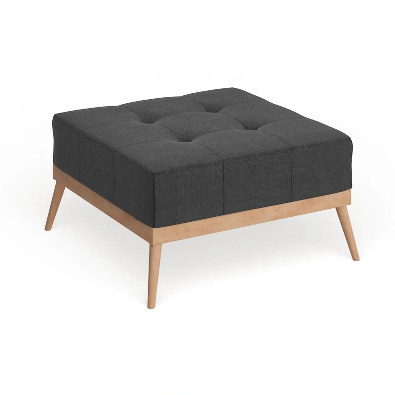 Dark Grey Square Tufted Ottoman, Single Seat, Birch Wood Frame