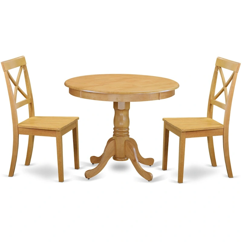 East West Furniture 3 Piece Modern Dining Table Set- a Round Kitchen Table with Pedestal and 2 Kitchen Dining Chairs, Oak