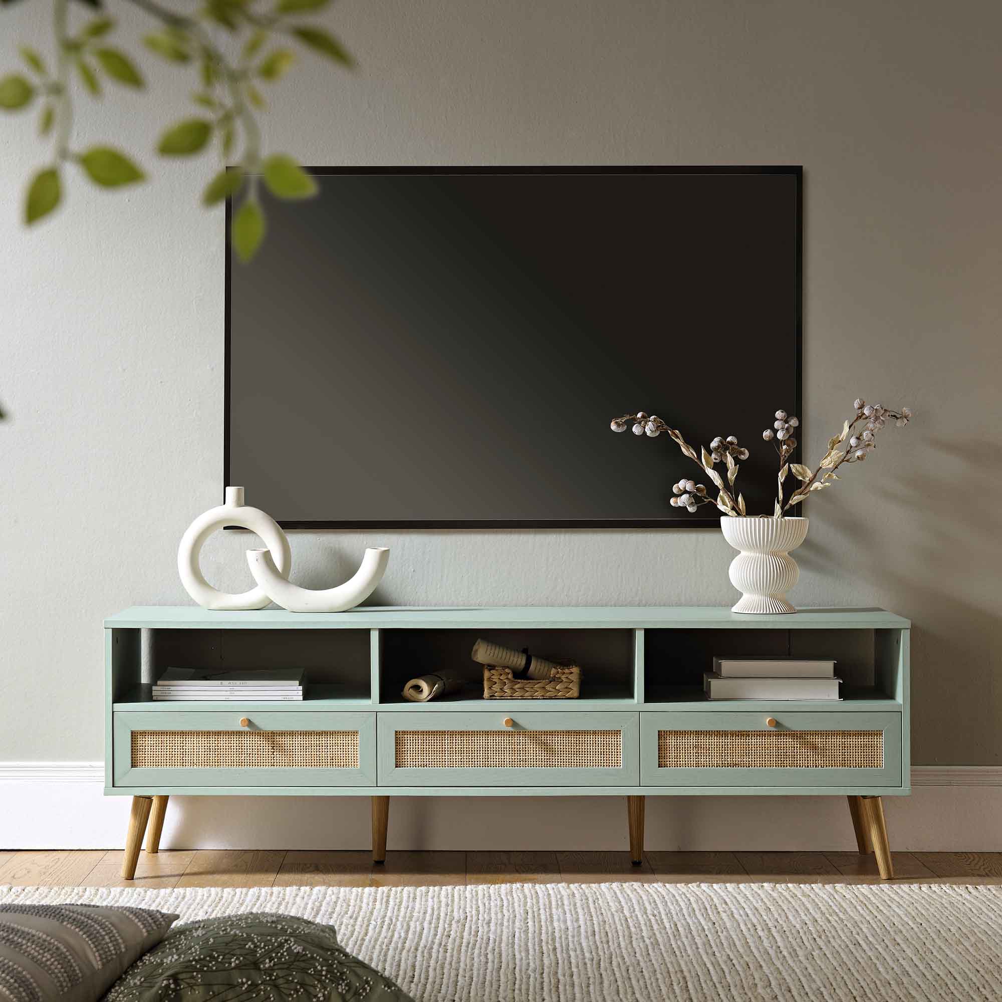 Woven Rattan 63 in. 3-Drawer TV Unit, Mint