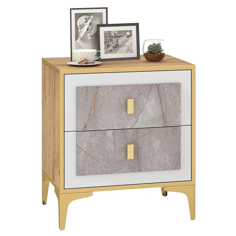 Nightstand with Faux Marble Surface & Storage Drawer - Modern Bedside Table
