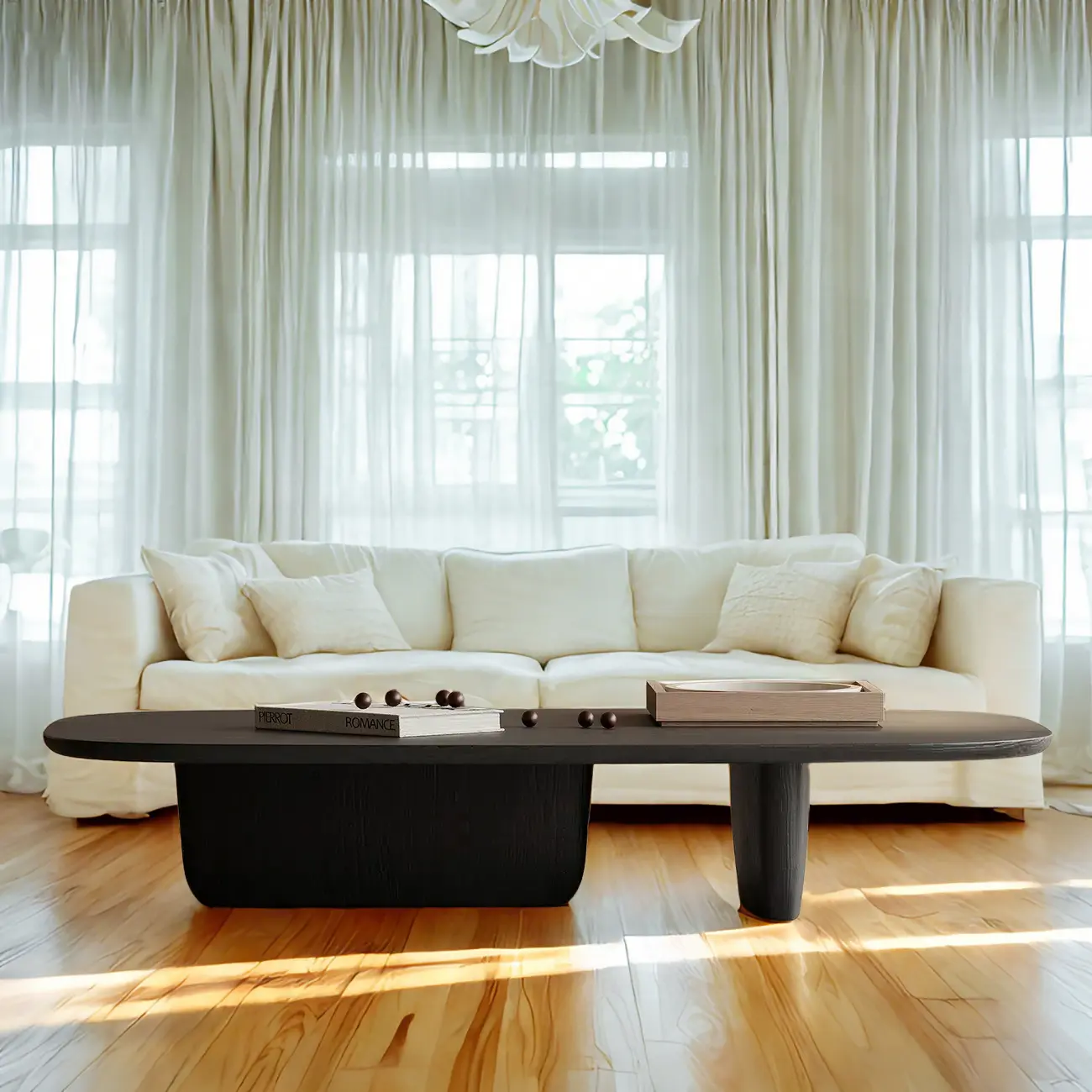 14 in Modern Black Oval Coffee Table with Double Pedestal