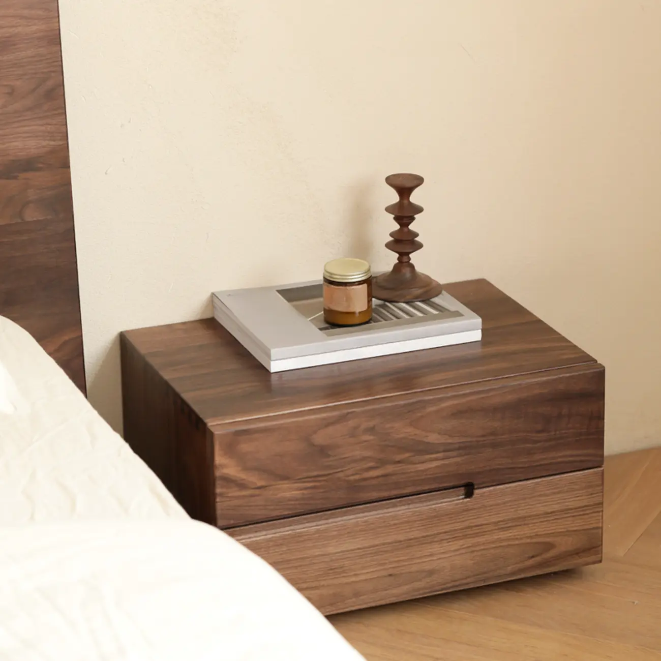 Scandinavian Brown Wood Bedside Table with 2 Drawer