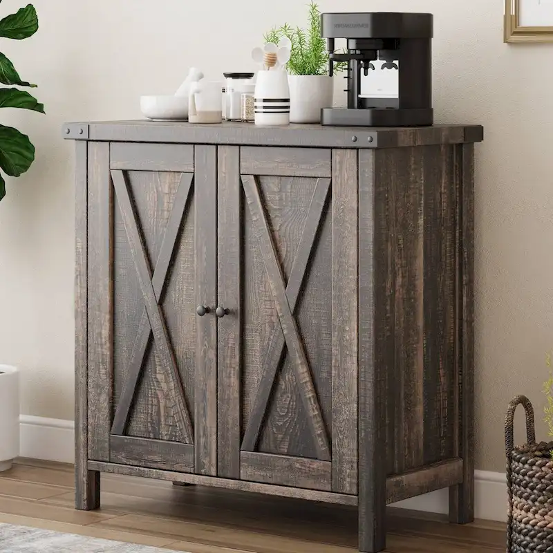 Farmhouse Buffet Cabinet with Storage Shelves, Brown - N/A