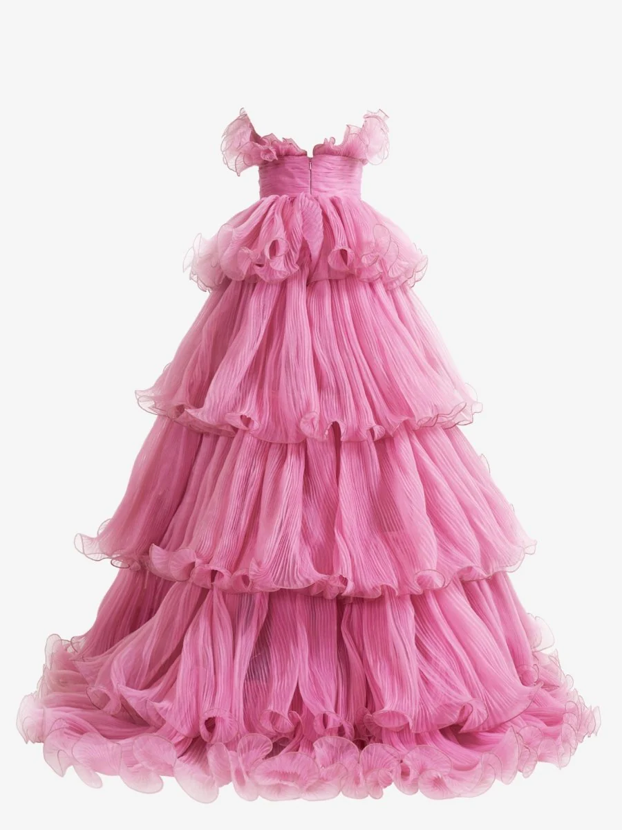 Pink Strapless A-Line Tiered Crinkled Tulle Prom Dress