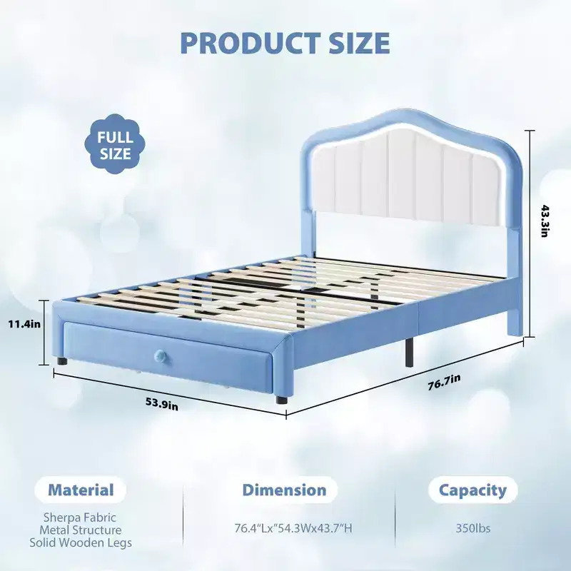 Upholstered single bed frame, lovely velvet bed frame with headboard, light and storage drawers, suitable for children, no box spring required