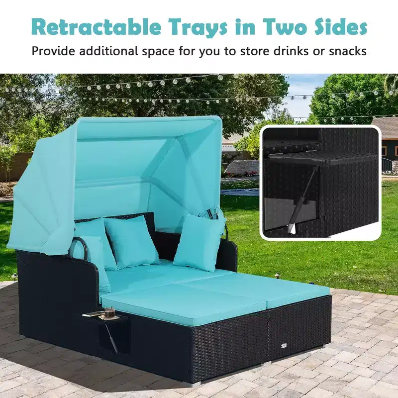 Costway Patio Rattan Daybed Lounge Retractable Top Canopy Side Tables Cushions Off White/Red/Turquoise/Beige