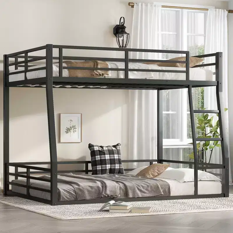 Bellemave Full XL Over Queen Metal Bunk Bed for Adults & Teens, Heavy Duty Space-Saving Frame, Guardrails, Noise-Free, No Box Spring, Black