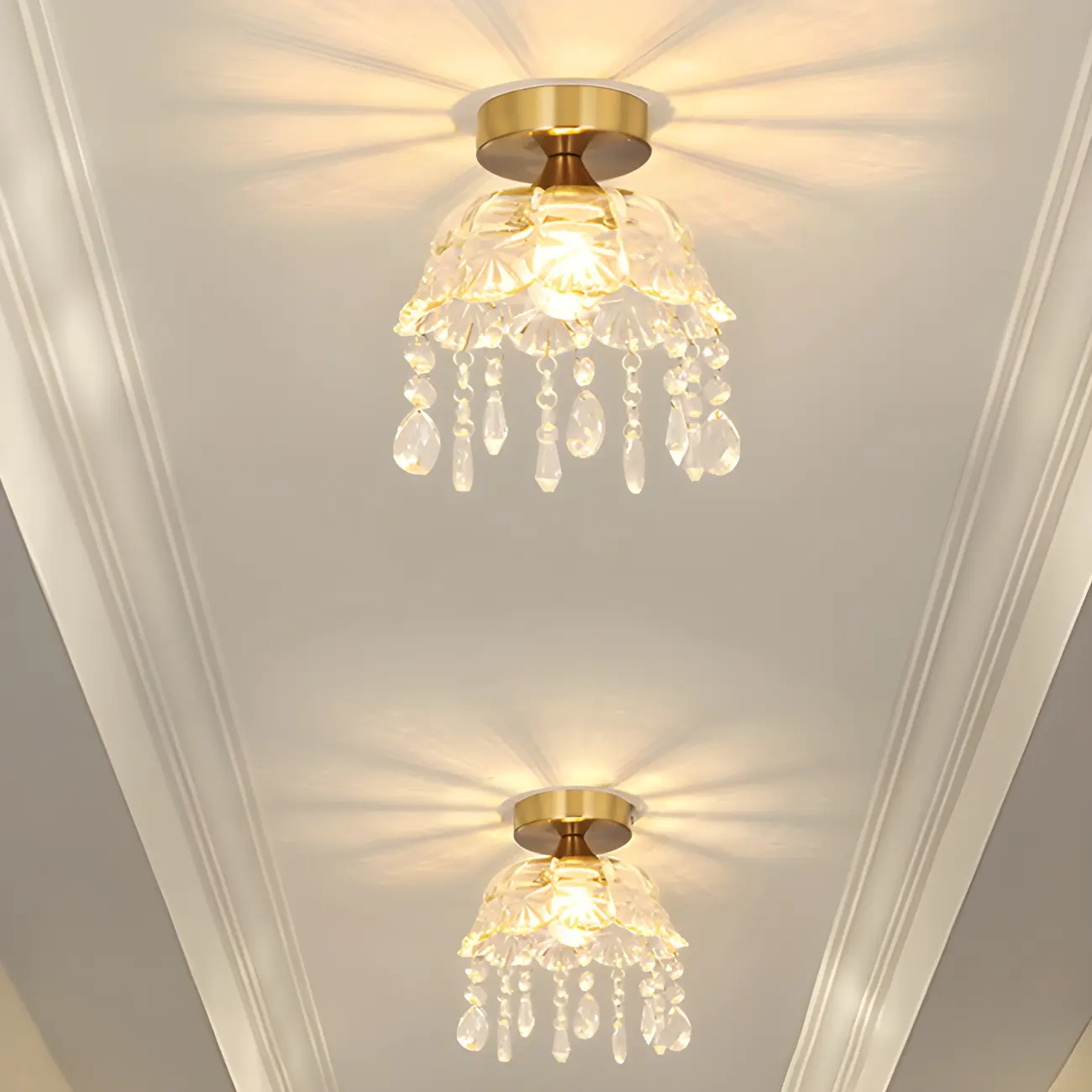 Elegant Golden Crystal Flower Dome Semi Flush Ceiling Light