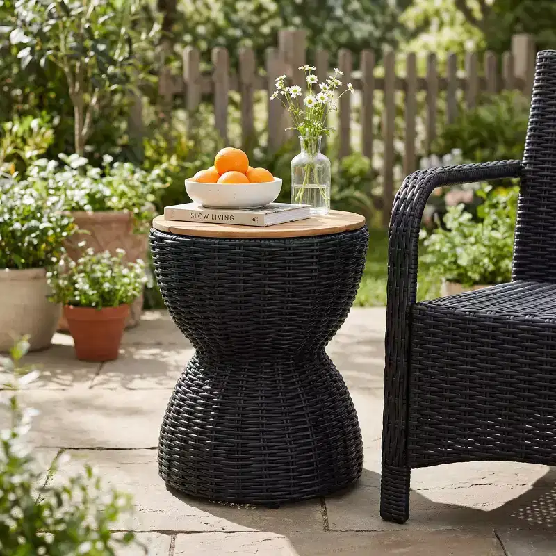 Christopher Knight Home Somchai Modern Acacia Wood Patio End Table with Wicker Hourglass Base and Round Slatted Tabletop