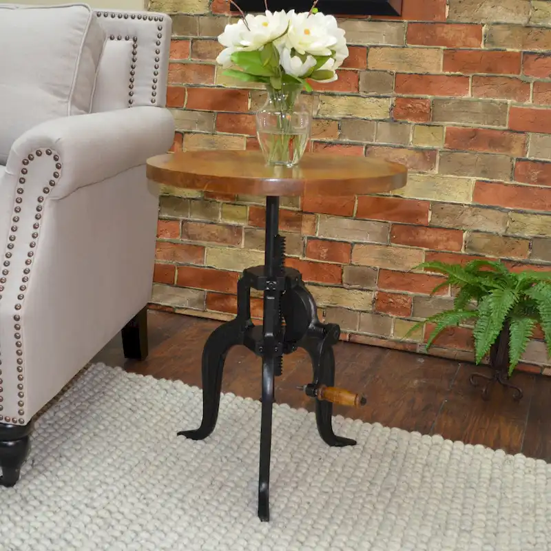 Adjustable Height Accent Table with Mango Wood Top and Cast Iron Base