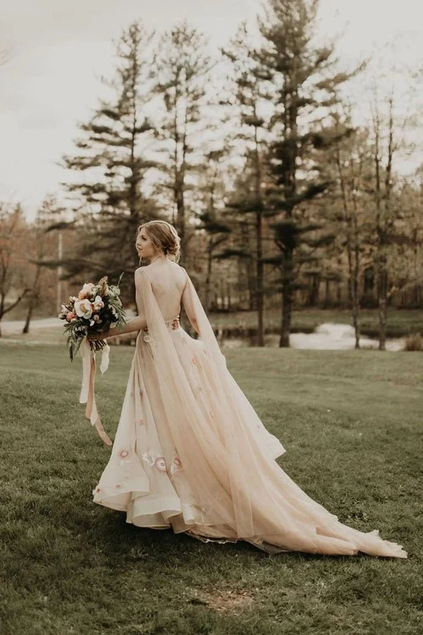 A-line 3D Flower Colorful V Neck Tulle Forest Wedding Dresses