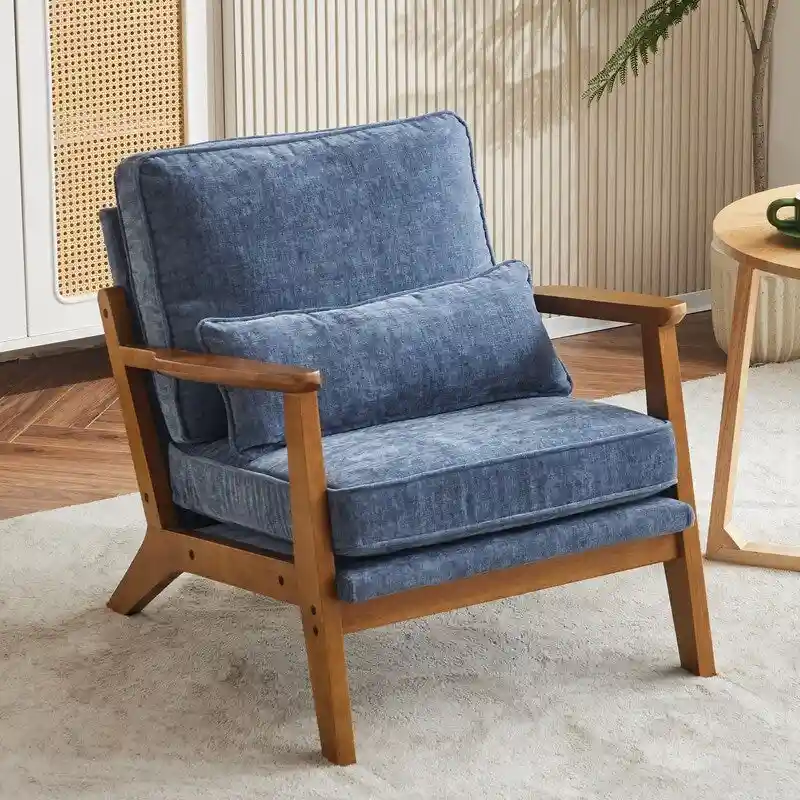 Upholstered Linen Blend Accent Chair with Wooden Legs and Pillow, Beige