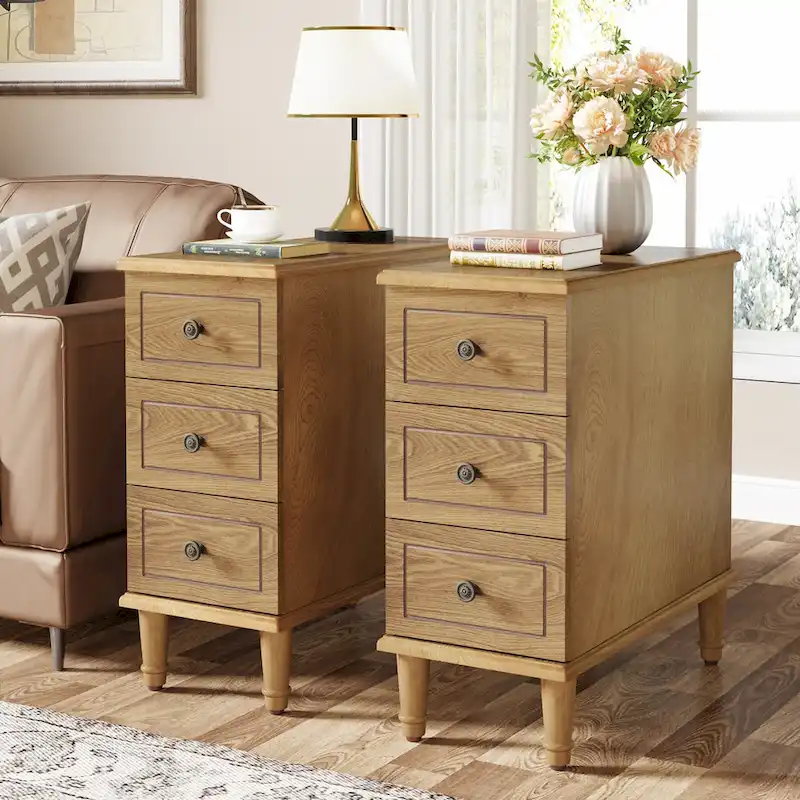 Dark Brown / Black / Light Brown Solid Wood Narrow Side Table with 3 Drawers - Single Use