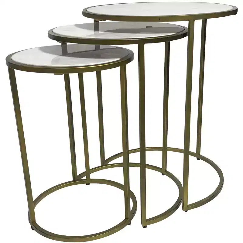 HomeRoots Set of Three White and Antiqued Gold Marble and Iron Round Frame Nested Tables