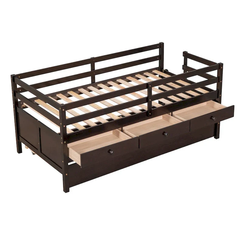 Low Loft Bed Twin Size with Full Safety Fence, Climbing ladder, Storage Drawers and Trundle Solid Wood Bed