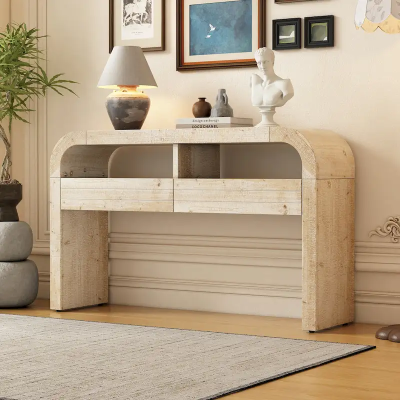 Natural Wood Wash Console Table with Drawers & Open Shelf, 1-Person Assembly