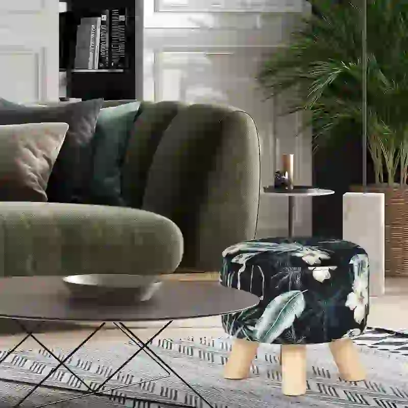 Adeco Modern Round Ottoman Foot Rest Footstool Velvet Fabric Padded