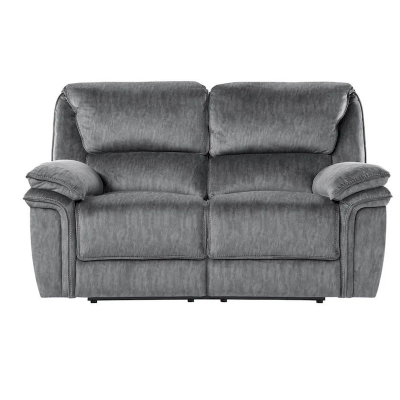 Muir 65 Inch Manual Recliner Loveseat, Tufted Gray Microfiber, Solid Wood