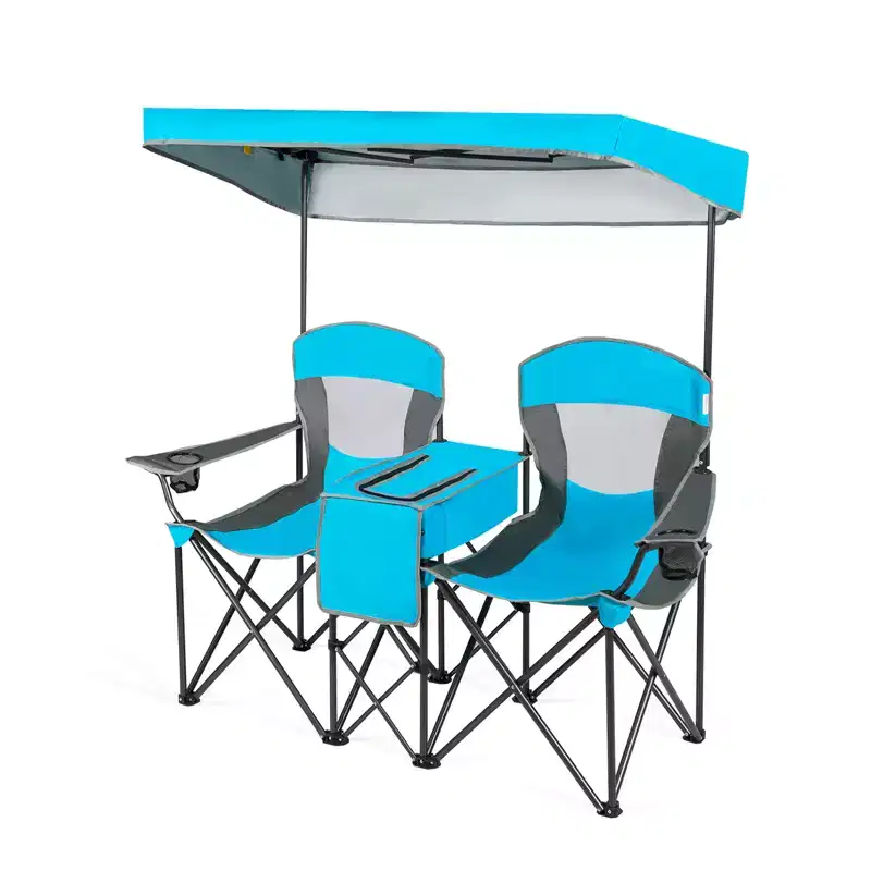 Gymax Double Folding Camping Chairs W/ Carrying Bag Outdoor 2-Seat Chair W/ Adjustable & Detachable Canopy Portable & Foldable Loveseat