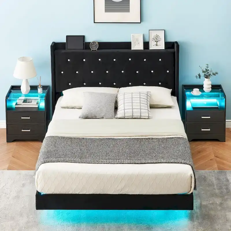 Upholstered Platform Bed Frame with LED Lights