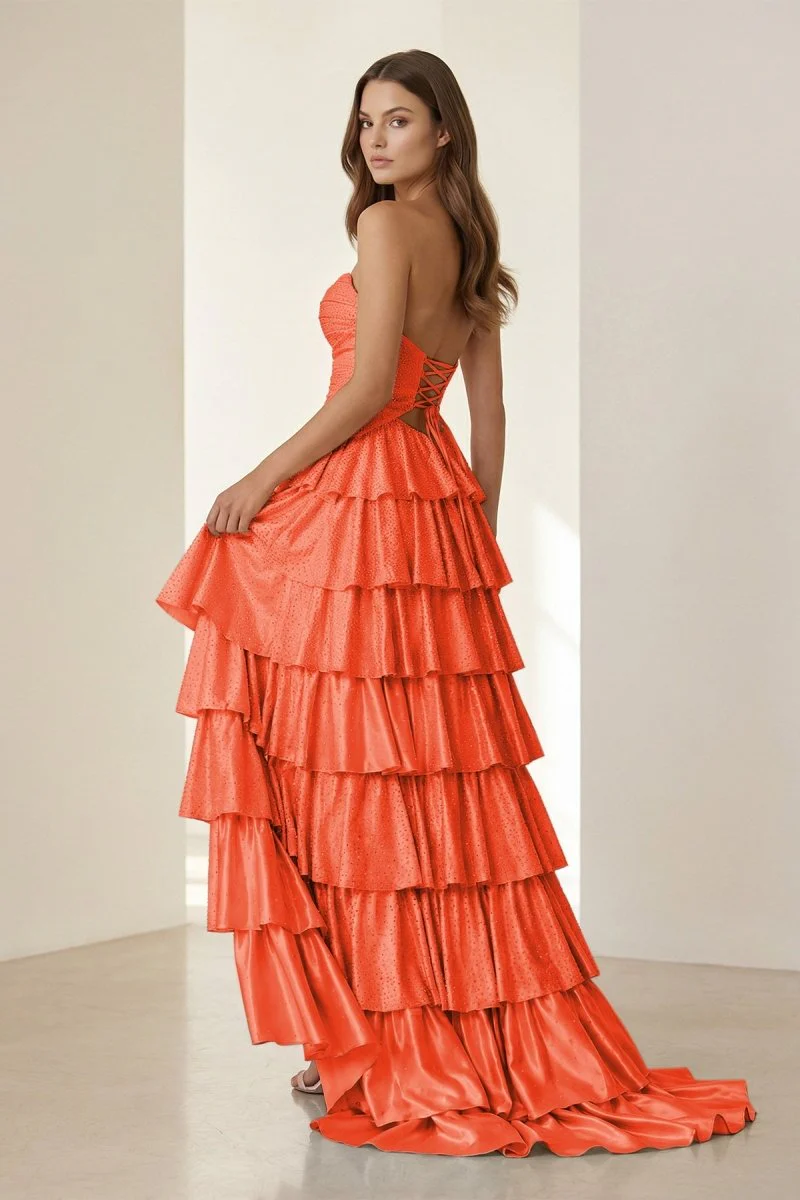 Yellow Strapless A Line Satin Beaded Long Prom Dresses With Ruffles