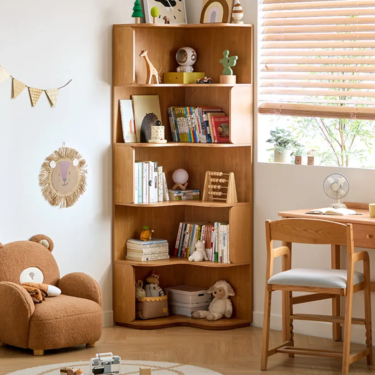 Medium 5-Tier Modern Natural Wood Corner Bookshelf