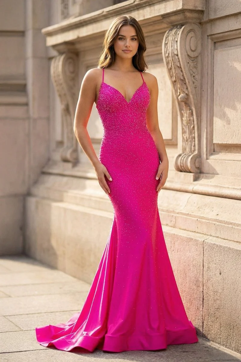 Mermaid V Neck Glitter Satin Prom Dress