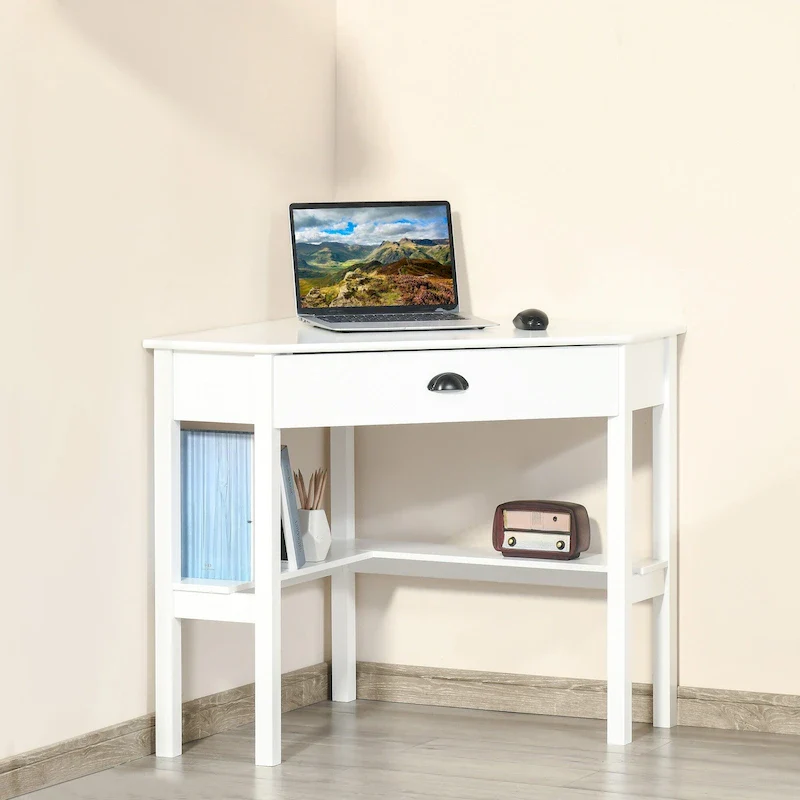 White Corner Desk with Drawer & Shelf, Single-Person
