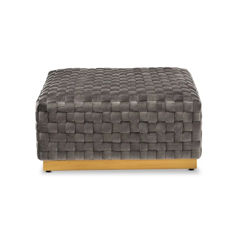 Grey Velvet Square Cocktail Ottoman with Gold Base