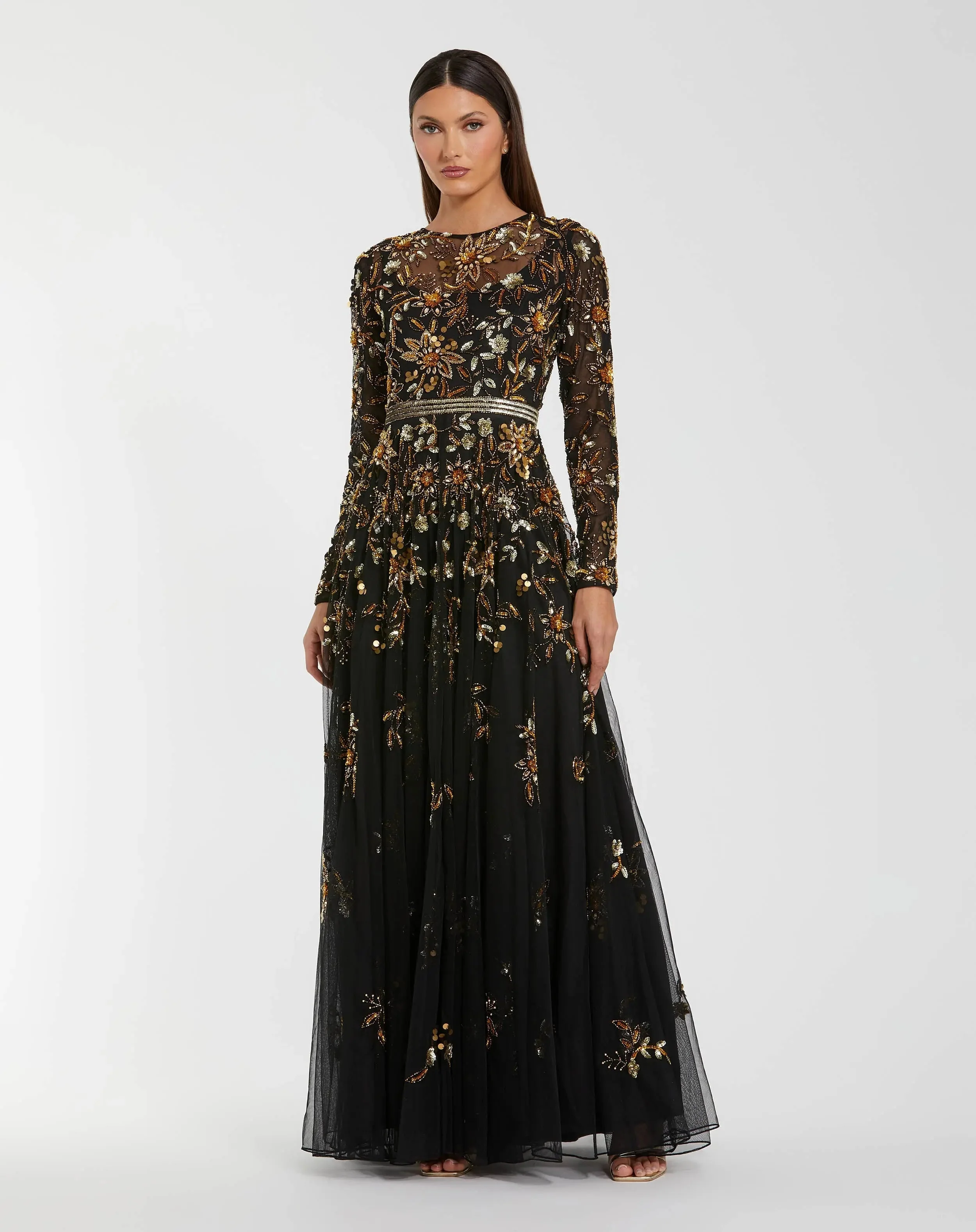 Black Hand Embellished Long Sleeve A Line Gown