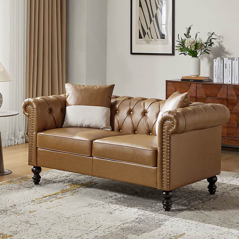PU Leather Rolled Arm Loveseat with Button Tufting, Nailhead Trim & 2 Throw Pillows | Black / Camel | 2-Seat