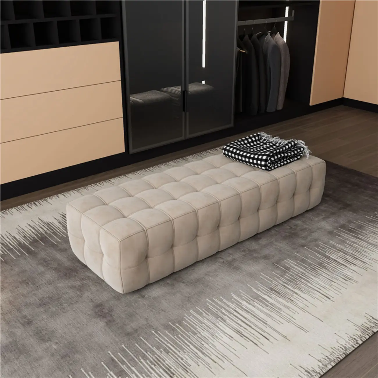 Contemporary Soft Gray Long Upholstered Bedroom Bench