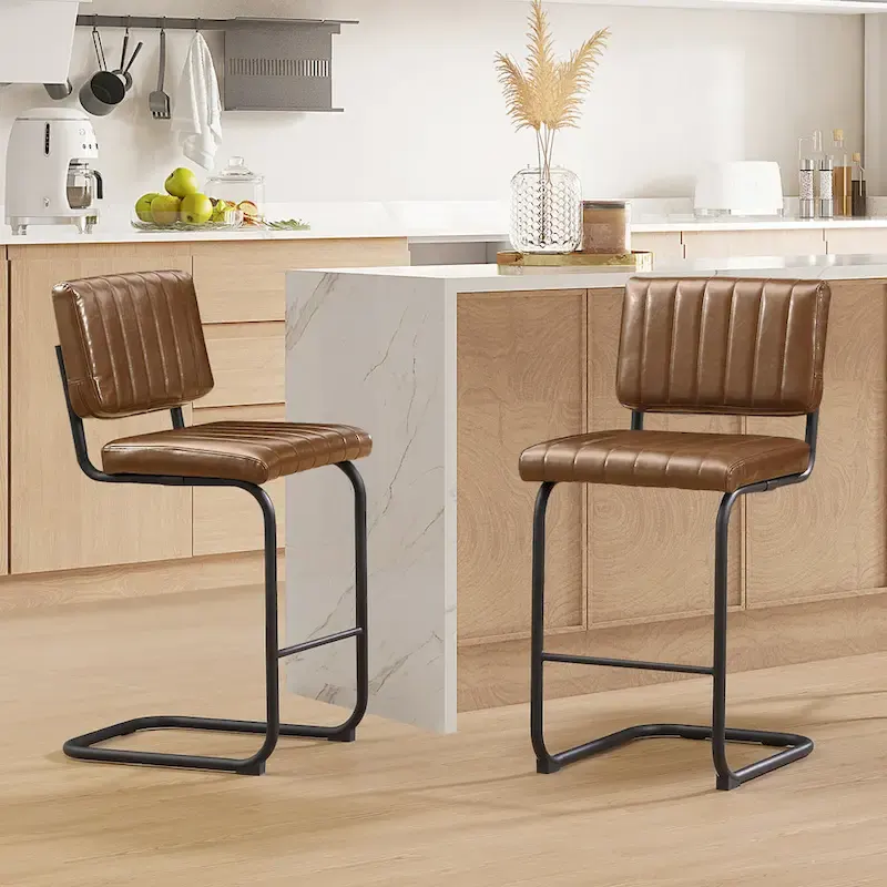 Brown Faux Leather Counter Stool with Chrome Frame