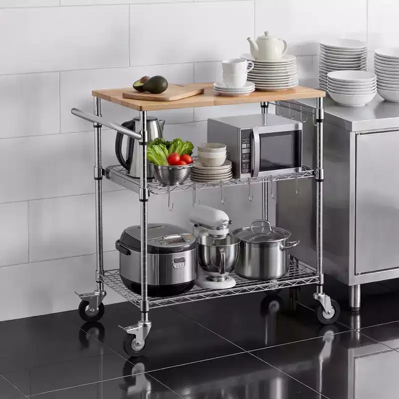 VEVOR Kitchen Utility Cart, 3 Tier Heavy Duty Adjustable Wire Storage Rack with Wood Tabletop and Handle Bar, Silver