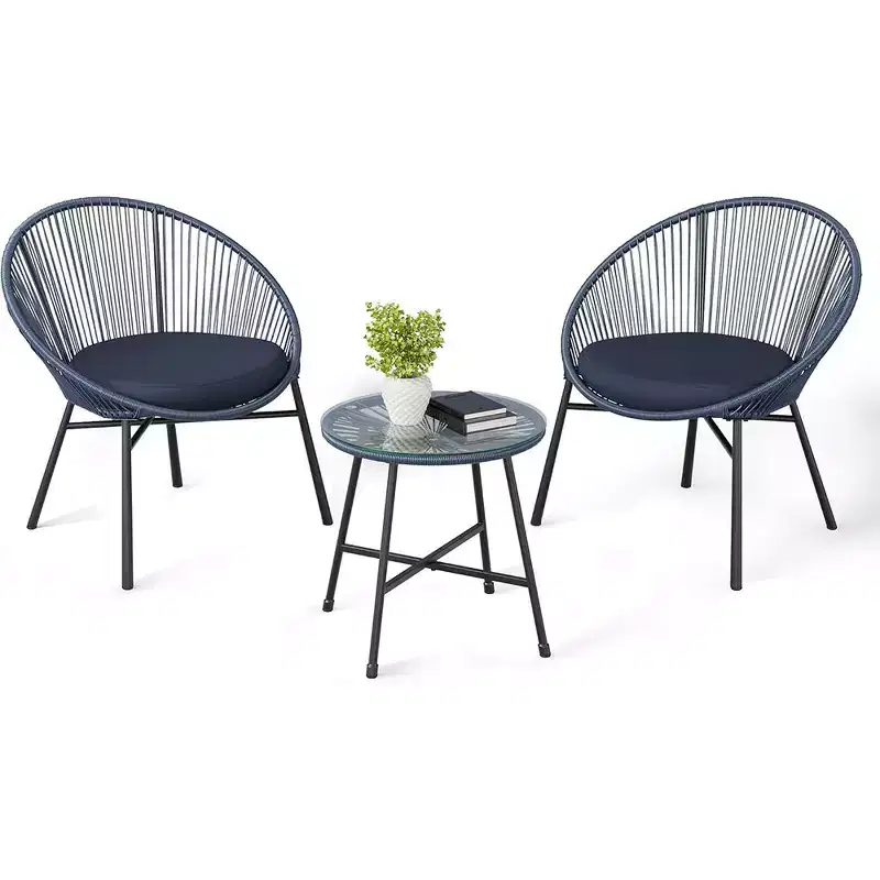 Acapulco Chair Set 3 Piece, Outdoor Patio Bistro Set with 2 Wicker Chairs & 1 Tempered Glass Table