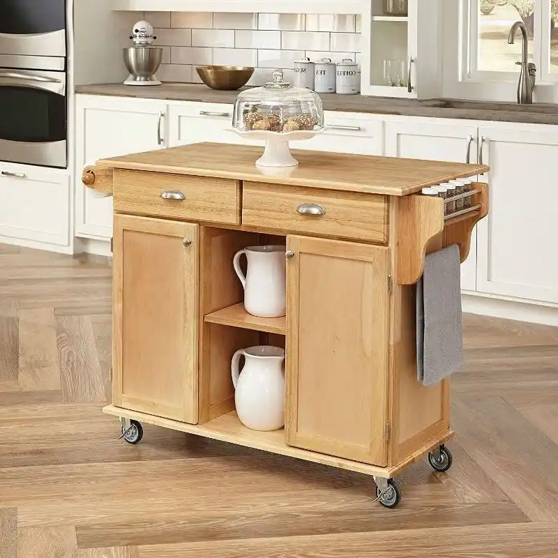 Natural Wood Finish Kitchen Island Cart with Locking Casters - 24 x 49.8 x 35.2 inches
