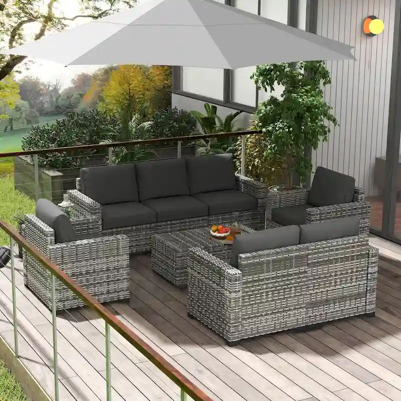 Outsunny 5 Piece Wicker Patio Furniture Set with Thick Padded Cushions, Outdoor PE Rattan Sectional Furniture Conversation Sofa