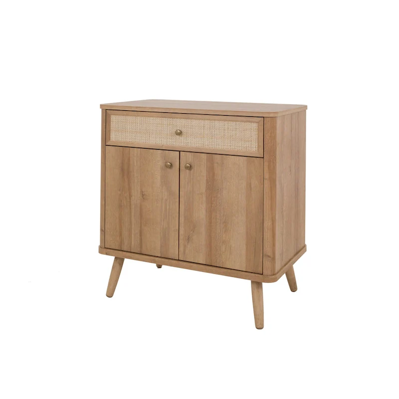 Natural Oak Rattan Storage Cabinet with 1 Drawer 2 Doors