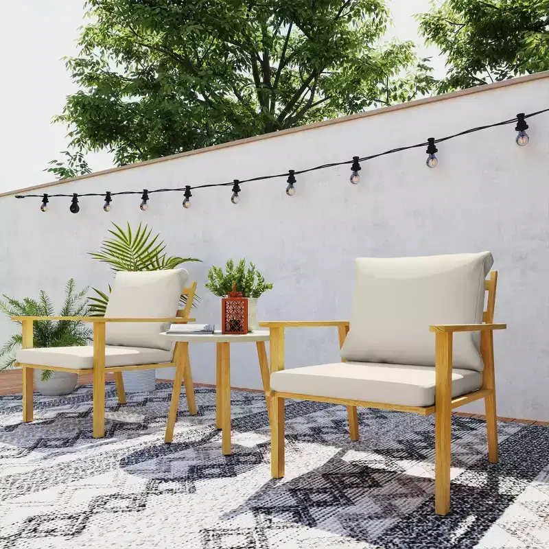 Outsunny 3 Piece Patio Set, Wood Effect Metal Bistro Set, Round Steel Table and Wide and Deep Chairs with Cushions, Small Patio Furniture, Cream White